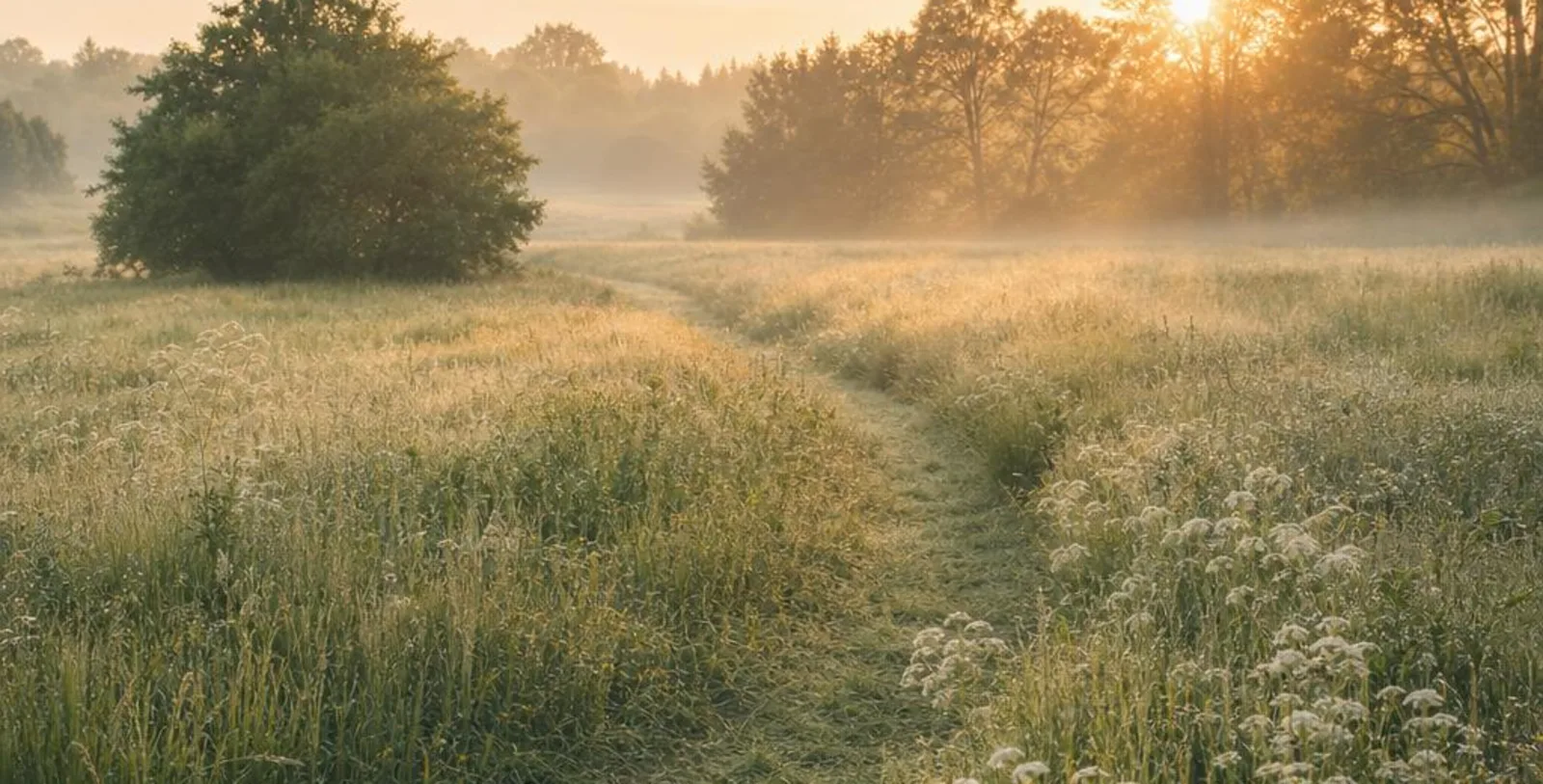 A quiet meadow path in soft morning light