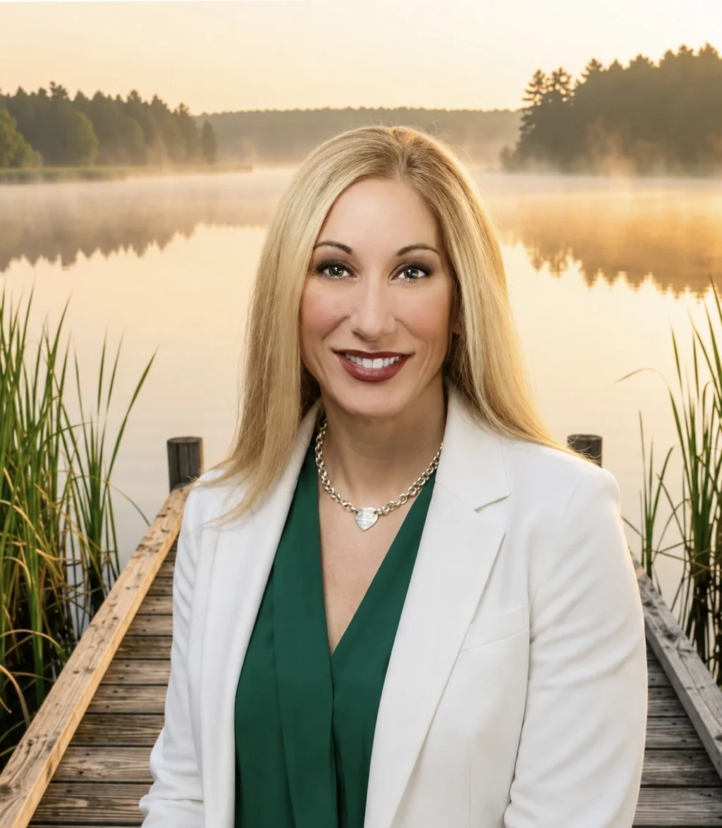 Sheri L. Testani at a lakeside dock at sunrise — Live Well coaching